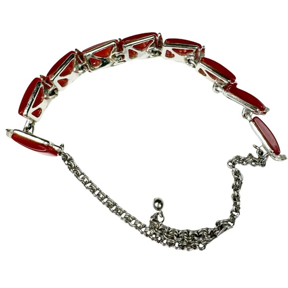 Red Thermoset Lucite and Silver Tone Linked Choker Necklace - Picture 6 of 12